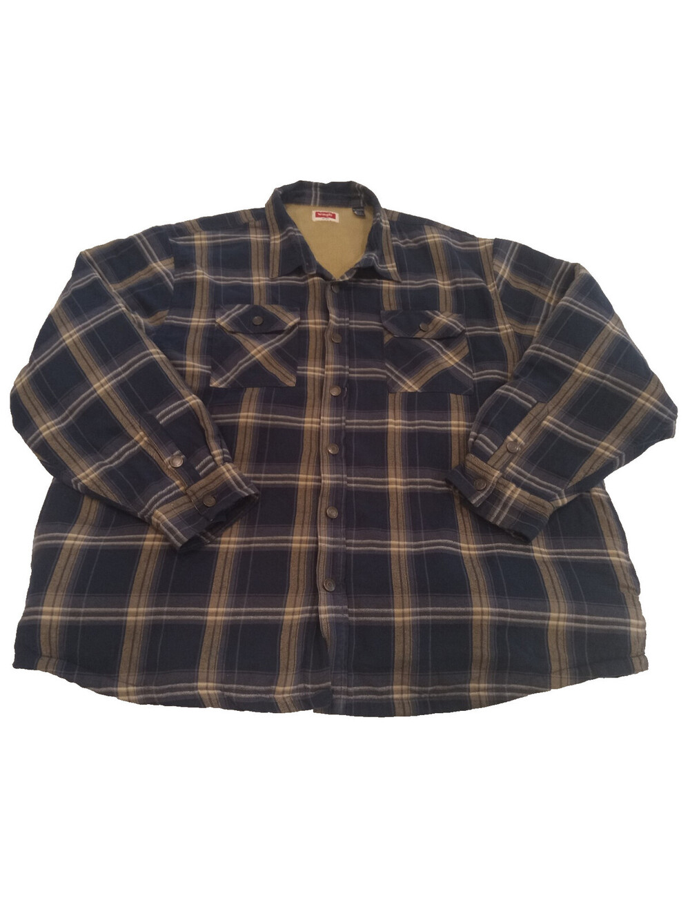 Wrangler Flannel Shirt Jacket Mens 3XL Blue Tan Plaid Sherpa Lined Heavyweight